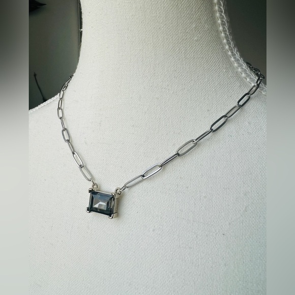 Silver Plated Flat Paperclip Chain with Black Diamond Glass Crystal Rectangular - Picture 5 of 6